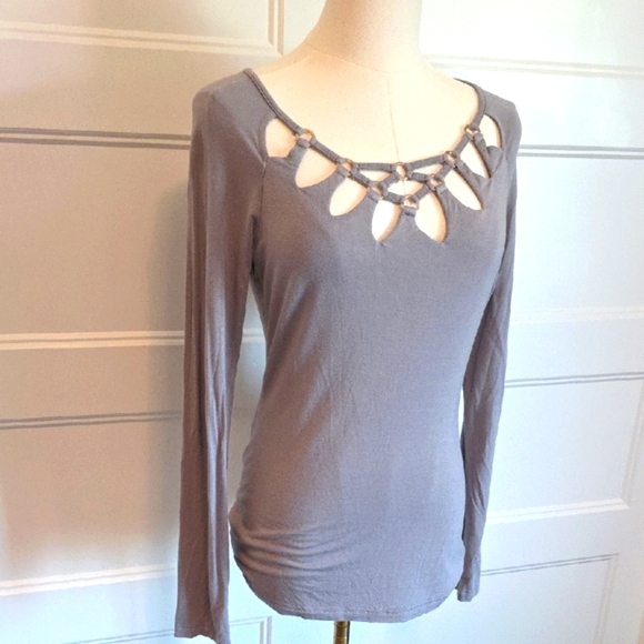 PattyBoutik Gray Tan Long Sleeve Cutout Blouse - Picture 2 of 4